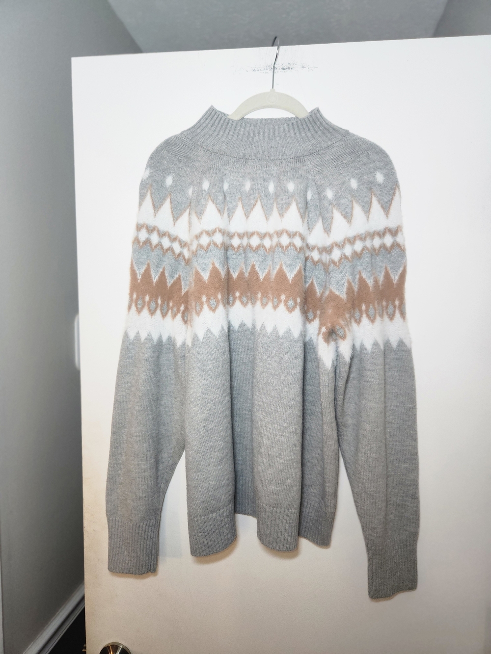 Lane Bryant Cozy Fair Isle Mock Neck Sweater - Light Gray & Cream 22/24